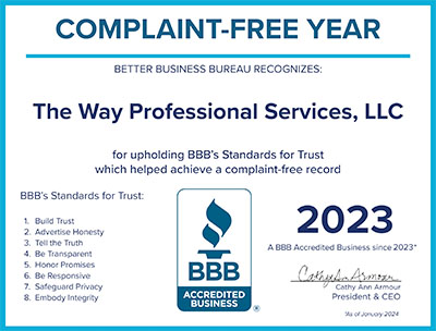 The Way Professional Services has been recognized by the Better Business Bereau for a complaint-free year in 2023!